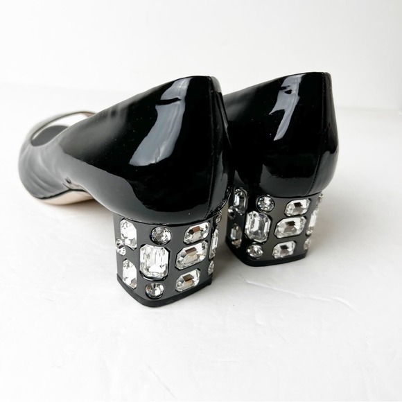 SZ 39 Miu Miu Black Patent Leather Crystal Embellished Block Heel Peep Toe Pumps - Picture 2 of 7